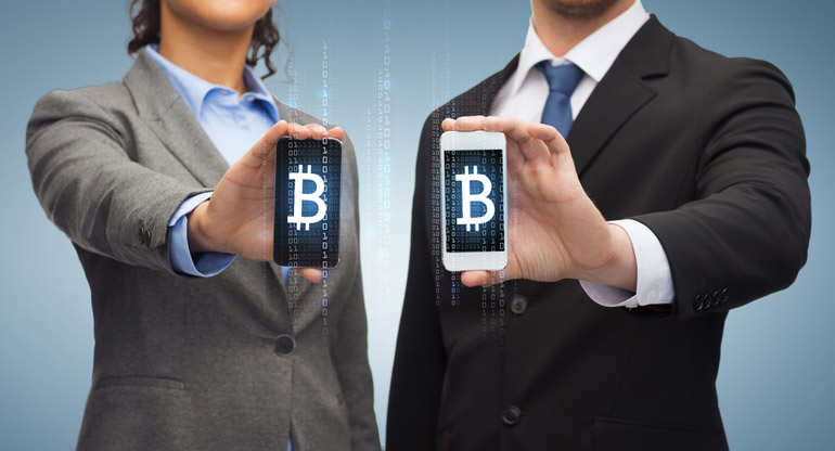 businessman and businesswoman with smartphones